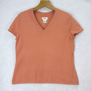 Talbots Orange Silk Blend V-Neck Knit S/S Top Womens L Classic Preppy Capsule